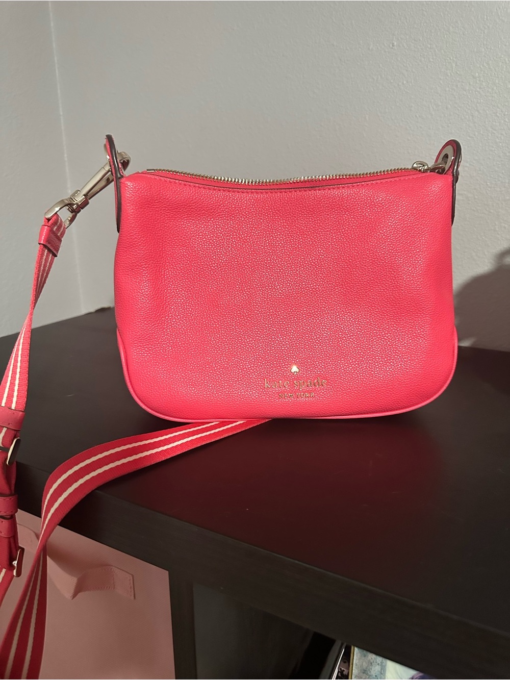 kate spade Coral Pink Pebble Leather Crossbody with Striped Strap